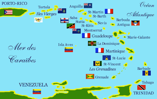 Carte des Antilles et les drapeaux